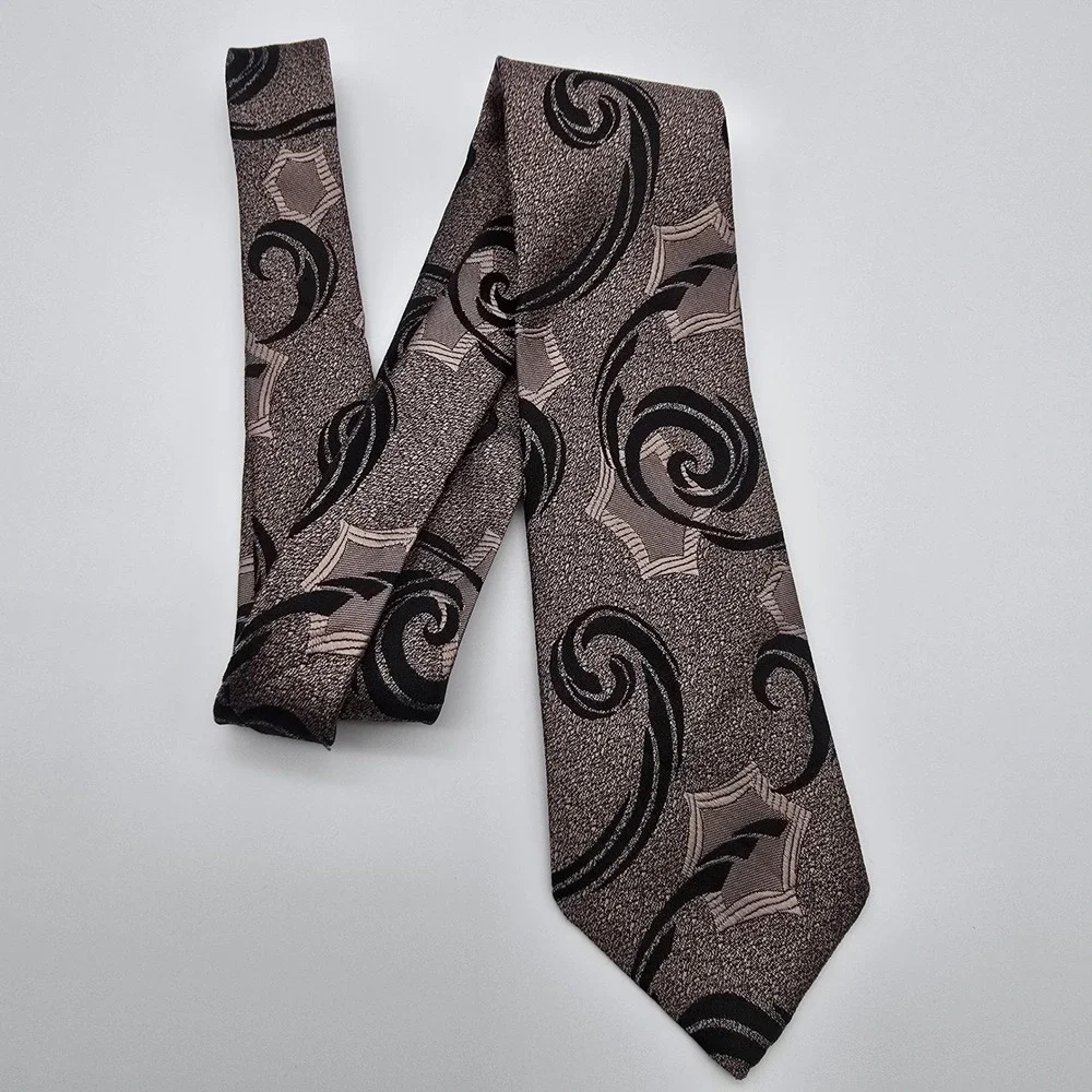 Van Heusen Mens Necktie Taupe‎ Black Woven Swirl Geometric Pattern Polyester Tie